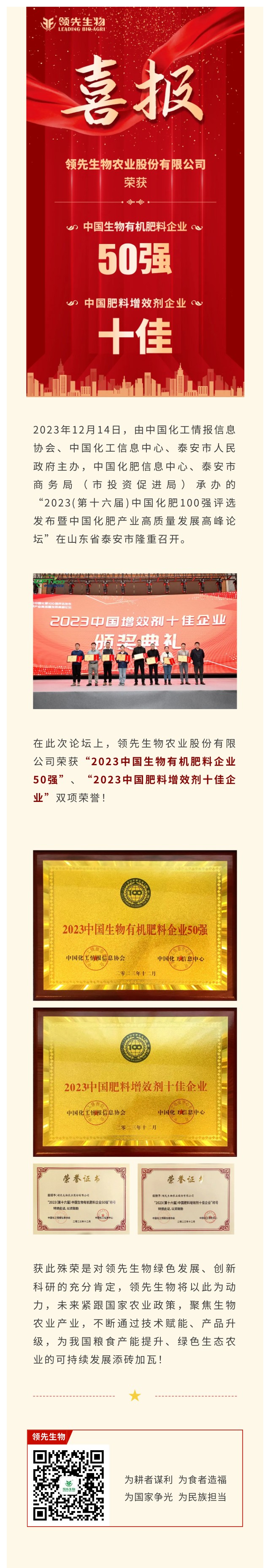 實力上榜 | 領(lǐng)先生物榮獲2023中國生物有機(jī)肥料企業(yè)50強(qiáng)！中國肥料增效劑十佳企業(yè)！